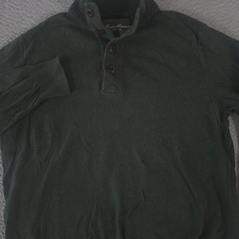VINTAGE Eddie Bauer Sweater‎ Mens XL Green Cotton Cashmere Mock Button Neck Y2K